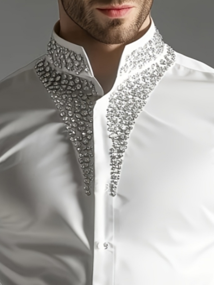 Luxury Rhinestone Shirt for Me - огляд і ціна Mandarin Collar Formal Shirt Slim Fit